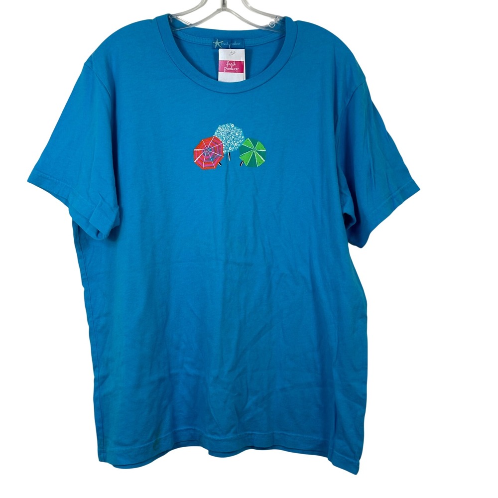 Fresh Produce Womens Scoopy Crew T-Shirt‎ Blue Beach Umbrella Graphic Large NWT